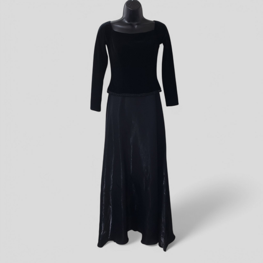 Vintage Betsy & Adam Black Velvet Silver Metallic Maxi Dress 90s Whimsigoth Sz 4